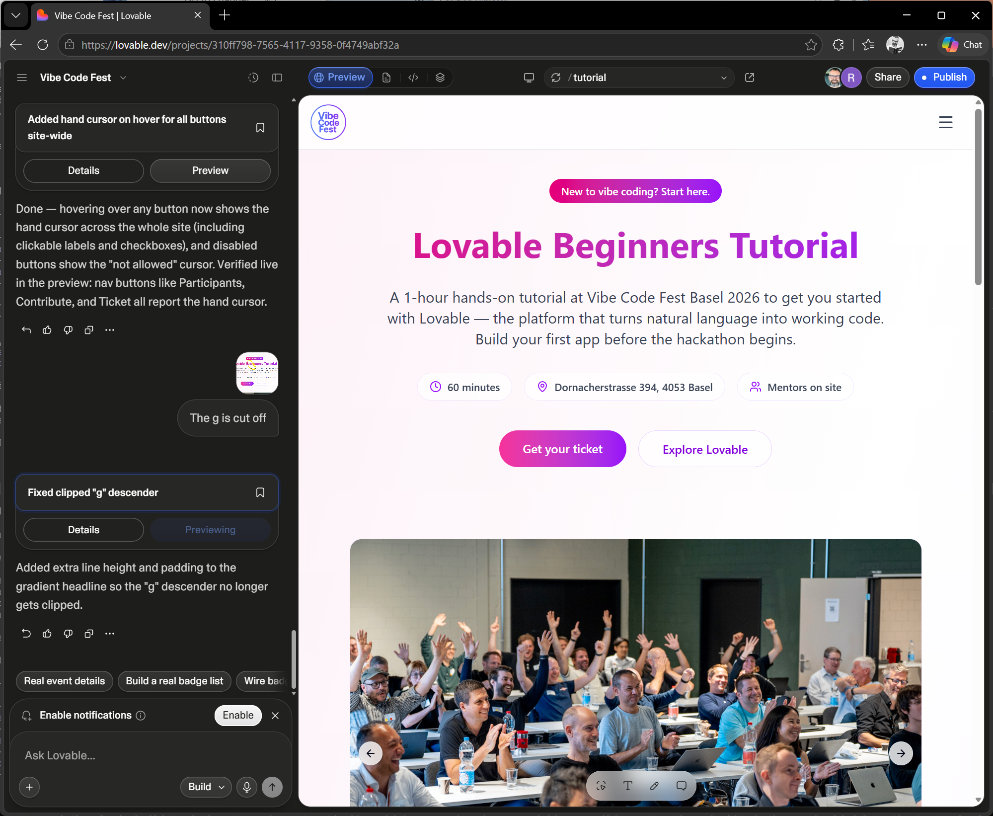 The Lovable editor building the Vibe Code Fest tutorial page live, showing the prompt history and the resulting page preview